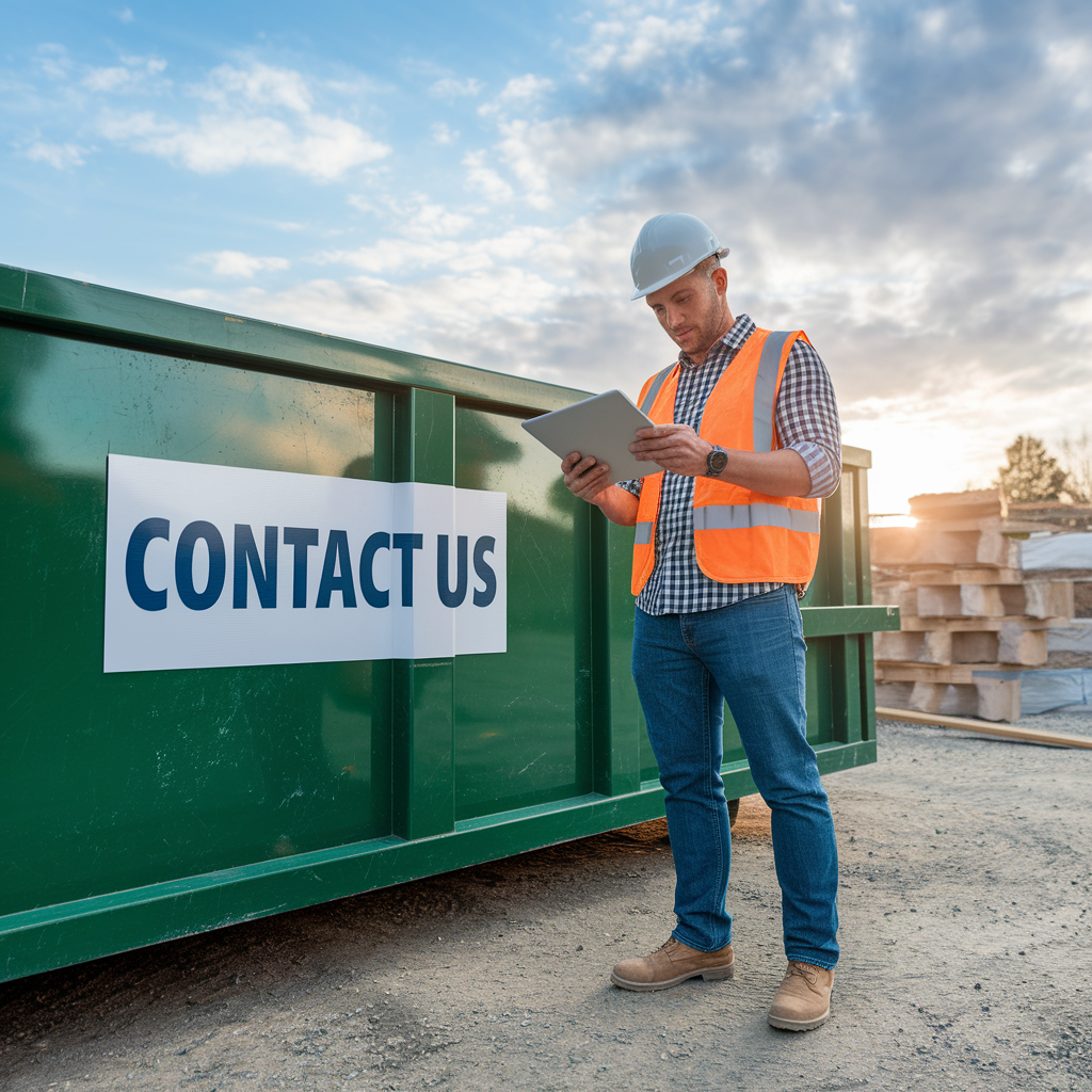 Dump It contractor near dumpster with contact us sign on construction site