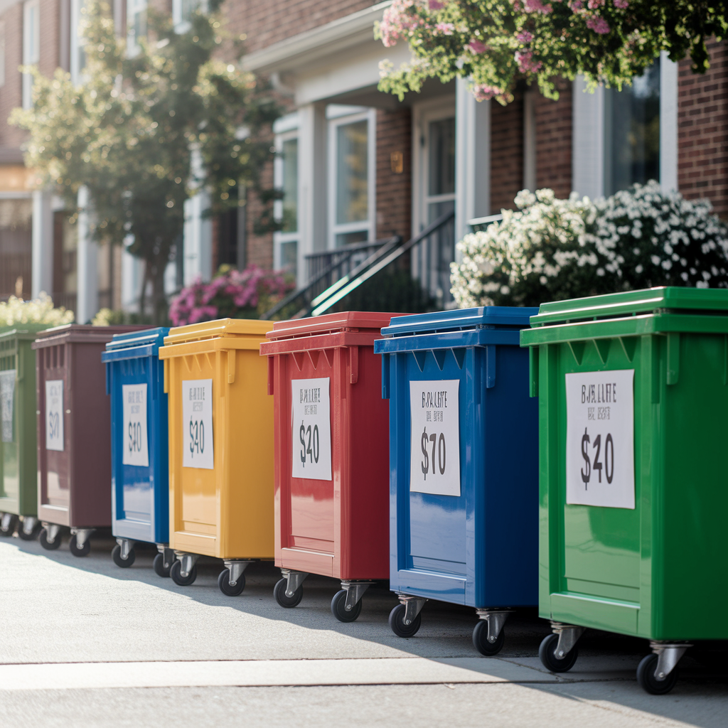 Dump It dumpster rental prices labeled on color-coded bins