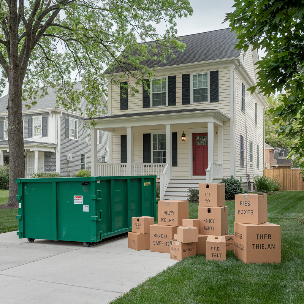 Dump It residential dumpster with safety signage and household items