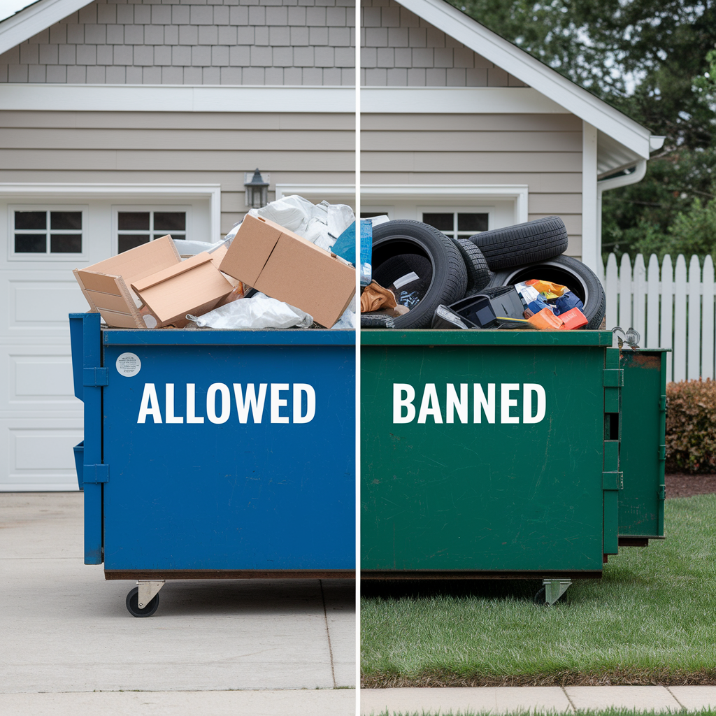 Dump It residential dumpster showing approved and restricted waste