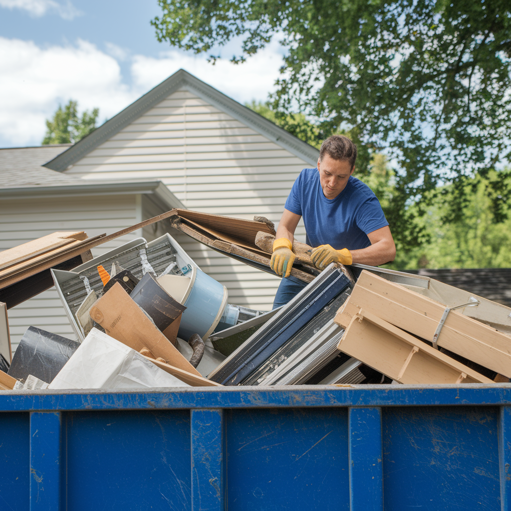 Dump It bulky junk removal with blue residential dumpster