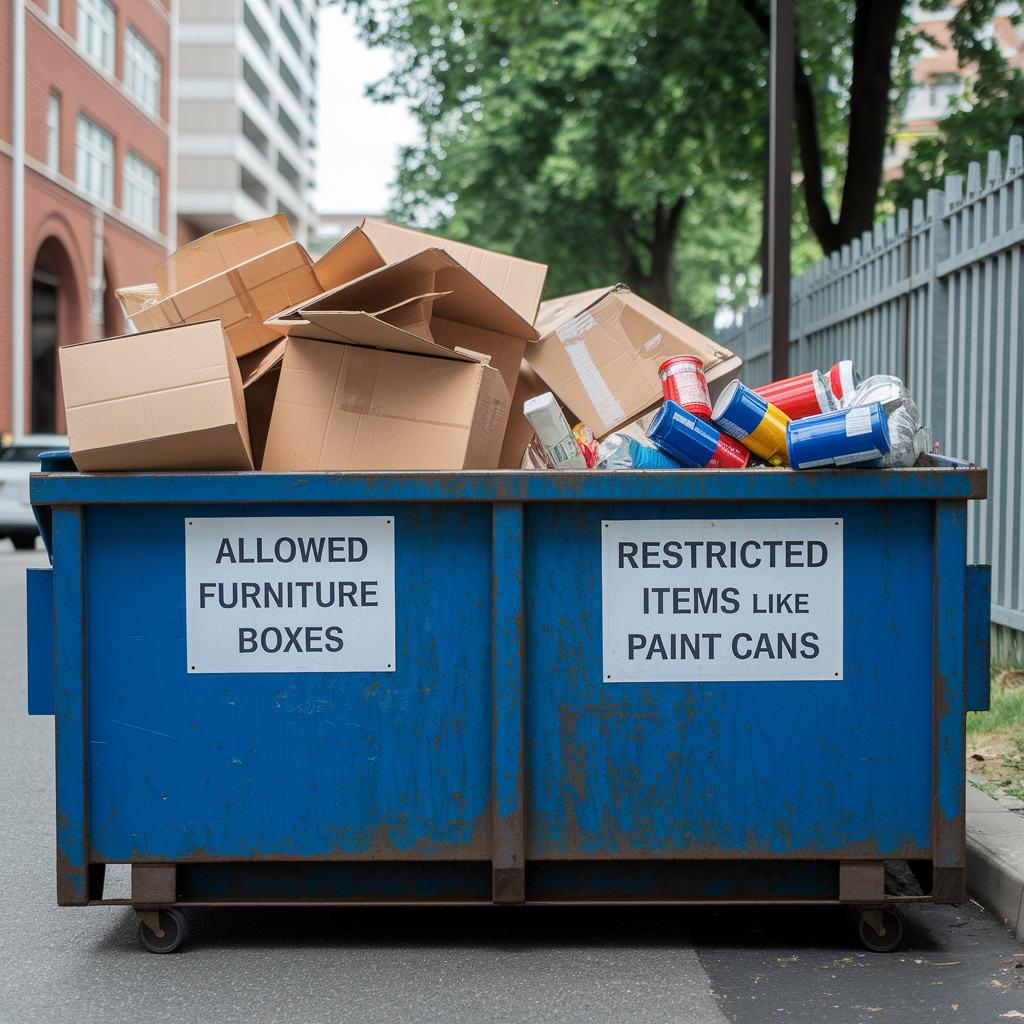 Dump It dumpster showing allowed and restricted waste