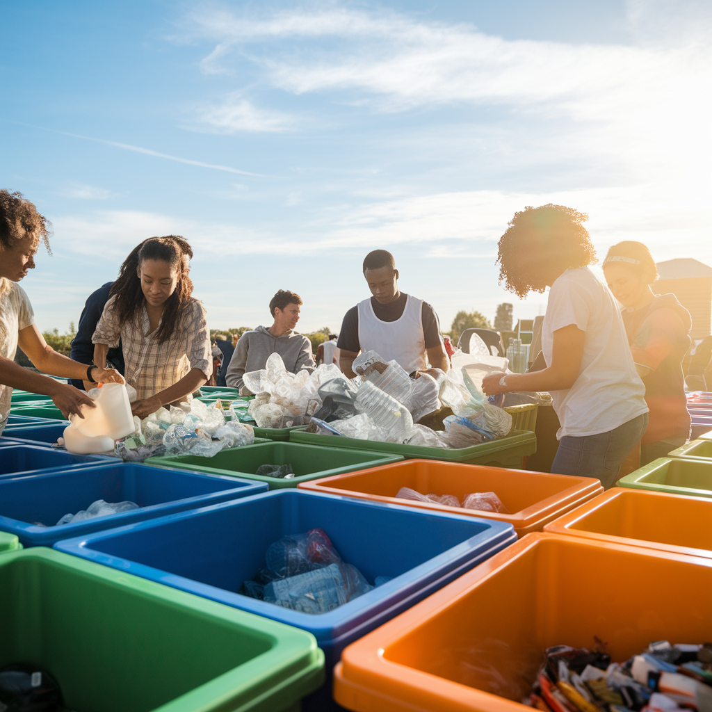 Dump It team managing recyclable waste at sorting bins