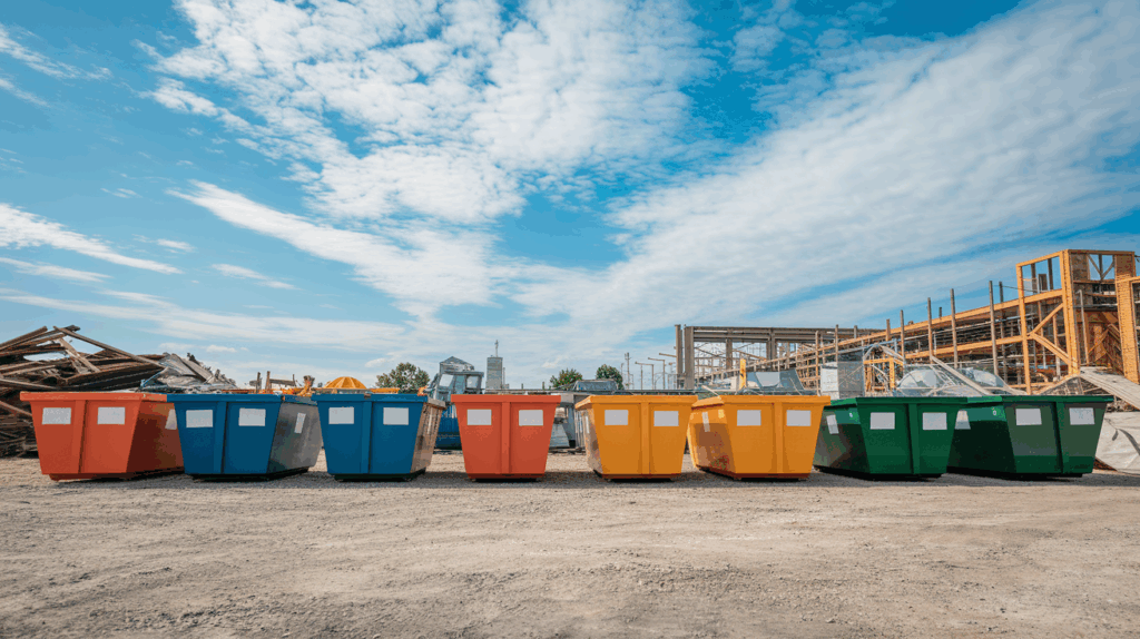 lineup of roll-off dumpsters in different sizes (10-yard, 20-yard, 30-yard, 40-yard) placed in an organized row at a staging yard or construction site.