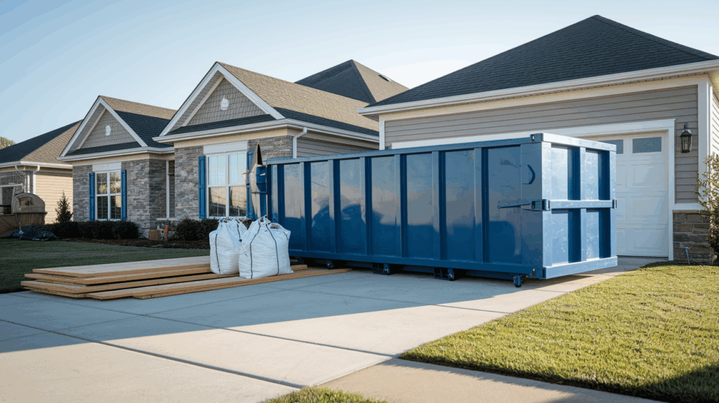 clean residential driveway with a mid-sized roll-off dumpster placed neatly beside a suburban home.
