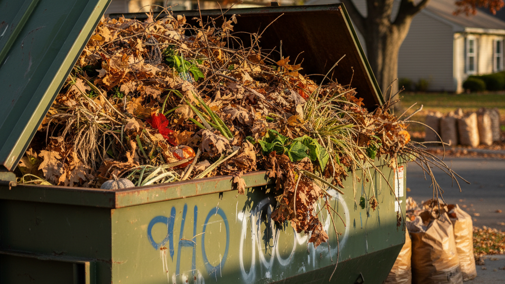 15-yard dumpster partially filled with yard waste