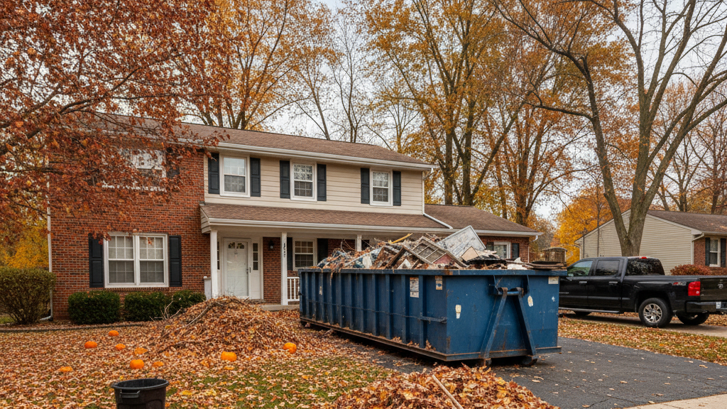Front yard with fallen leaves and a roll-off dumpster