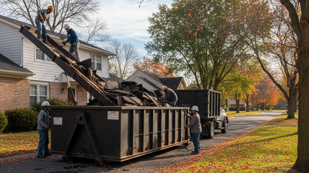 Contractors using a dumpster on a fall renovation site