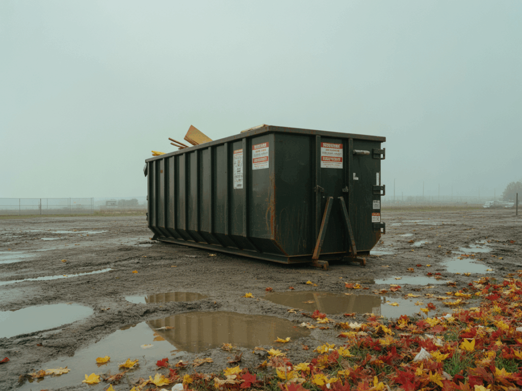 Overcast Site with Dumpster and Muddy Ground