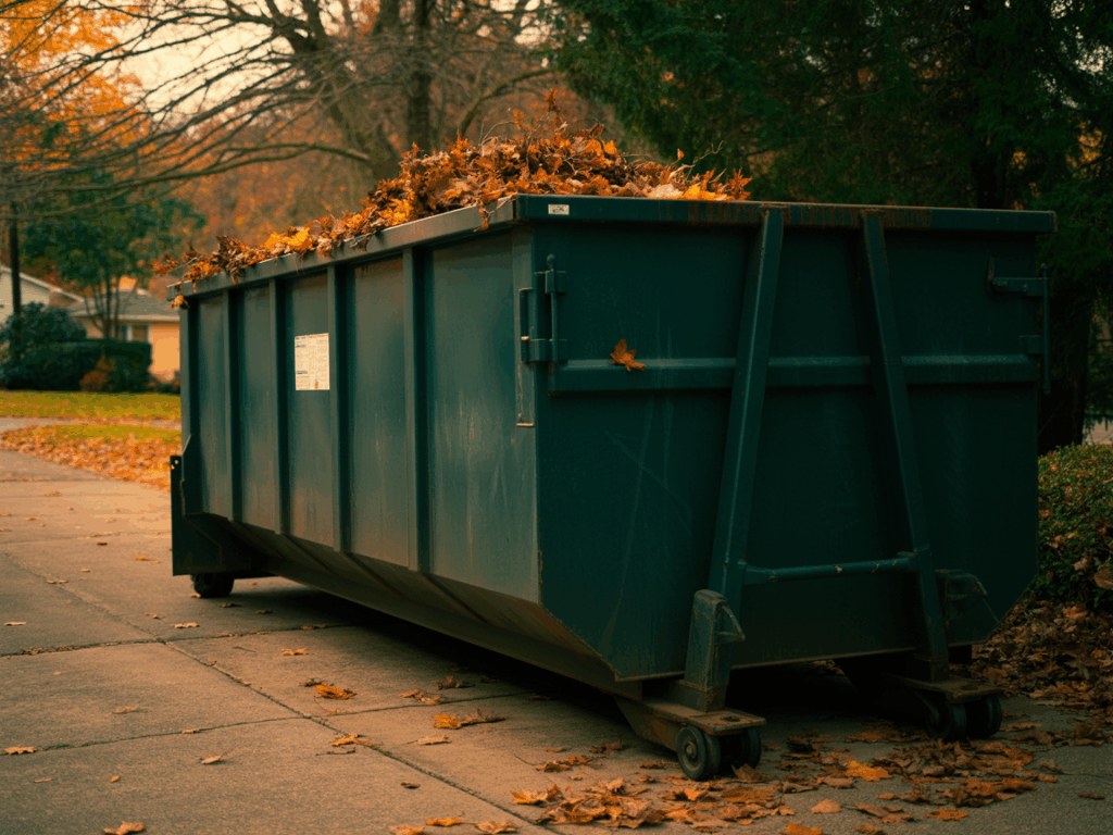 roll‑off dumpster placed on a concrete driveway scattered with wet orange and red leaves