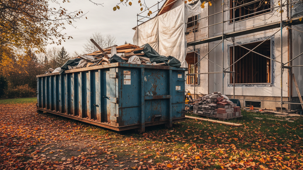 Dumpster on a fall renovation site