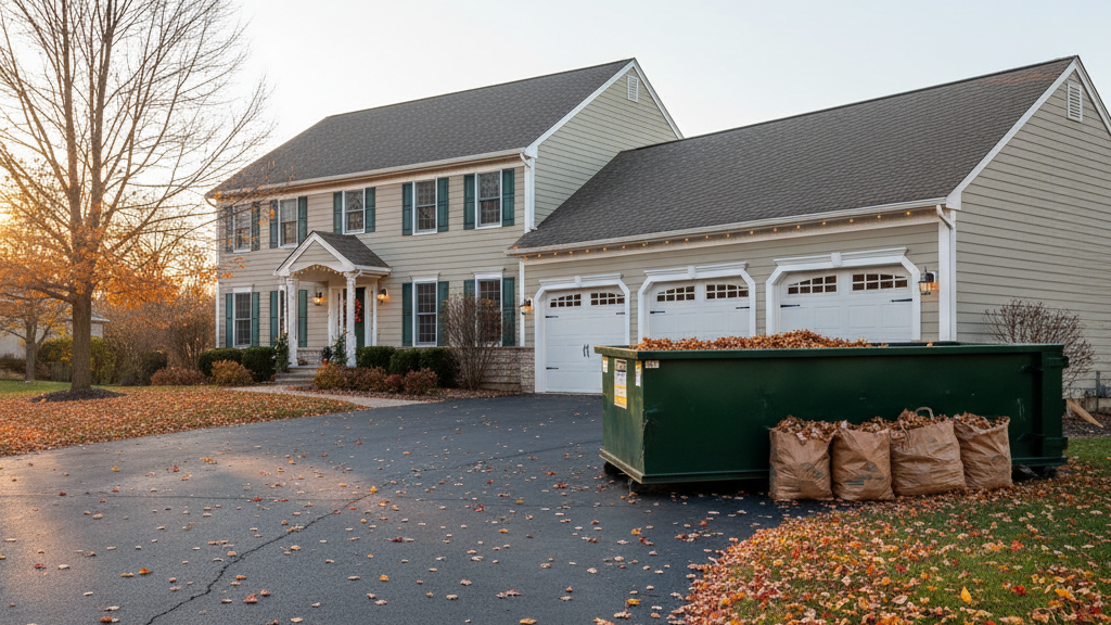 residential driveway in fall with a roll-off dumpster