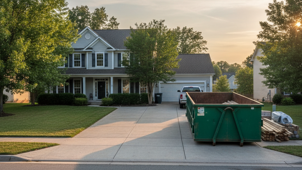 Dumpster staged in residential driveway for large home project cleanup