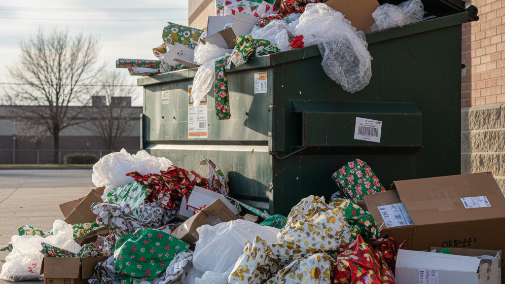 Holiday packaging and waste ready to be loaded into a rental dumpster