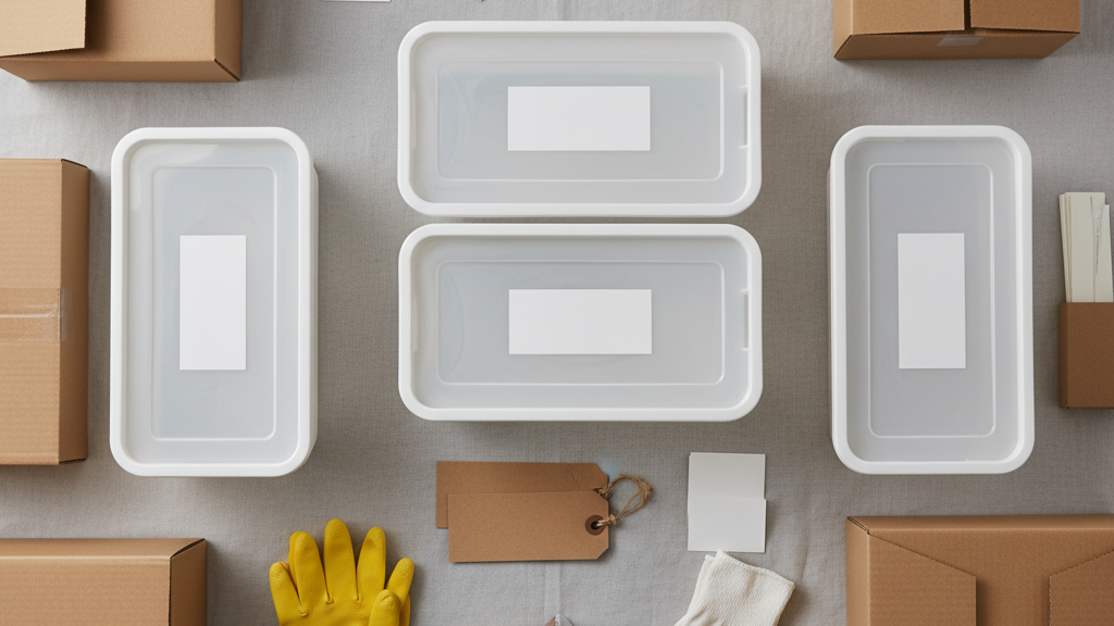 Cleanout supplies and tools such as bins and boxes ready for sorting and removal