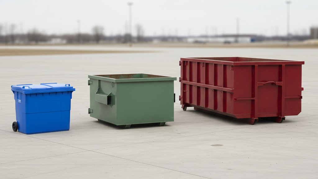 Different dumpster sizes arranged side by side for comparison during a garage cleanout