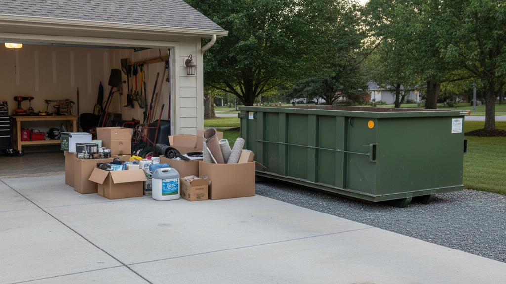 Garage cleanout scene with an empty dumpster ready for loading items