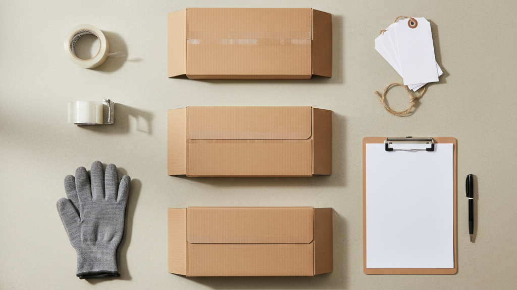 Cleanout supplies like boxes, tape, and gloves laid out for a garage cleanout