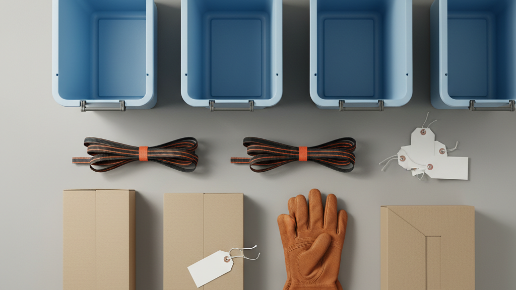 Junk disposal supplies such as bins, tie-down straps, and gloves for sorting specific junk types