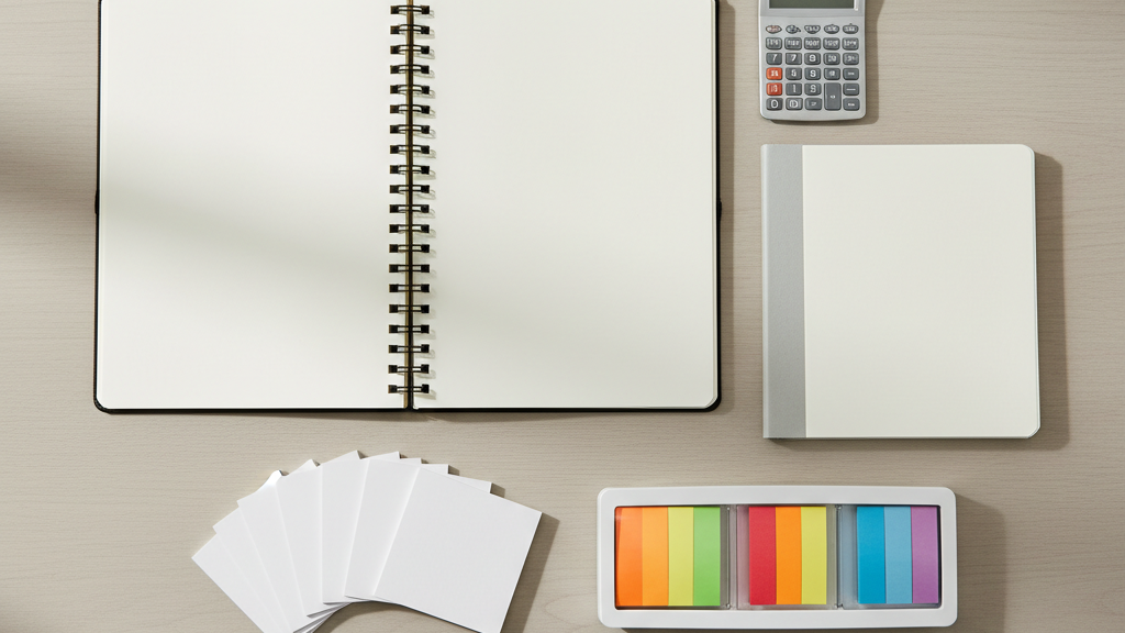 Workspace setup with blank planner and tools representing cleanout budgeting and planning