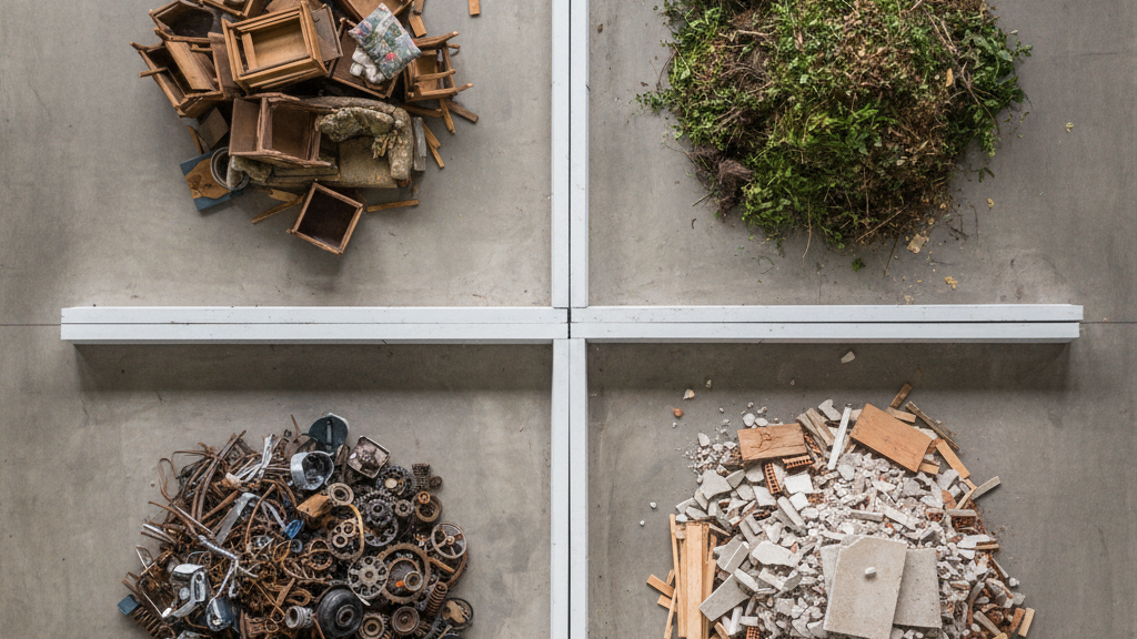 Neatly separated piles of different junk types ready for disposal in specific dumpsters