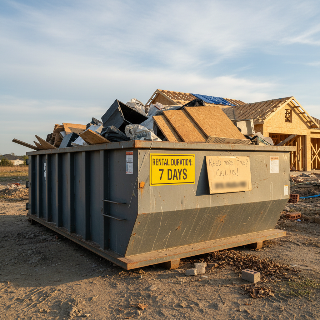 Dumpster rental time, overage fees. Image shows dumpster overflowing. Extended rental costs.