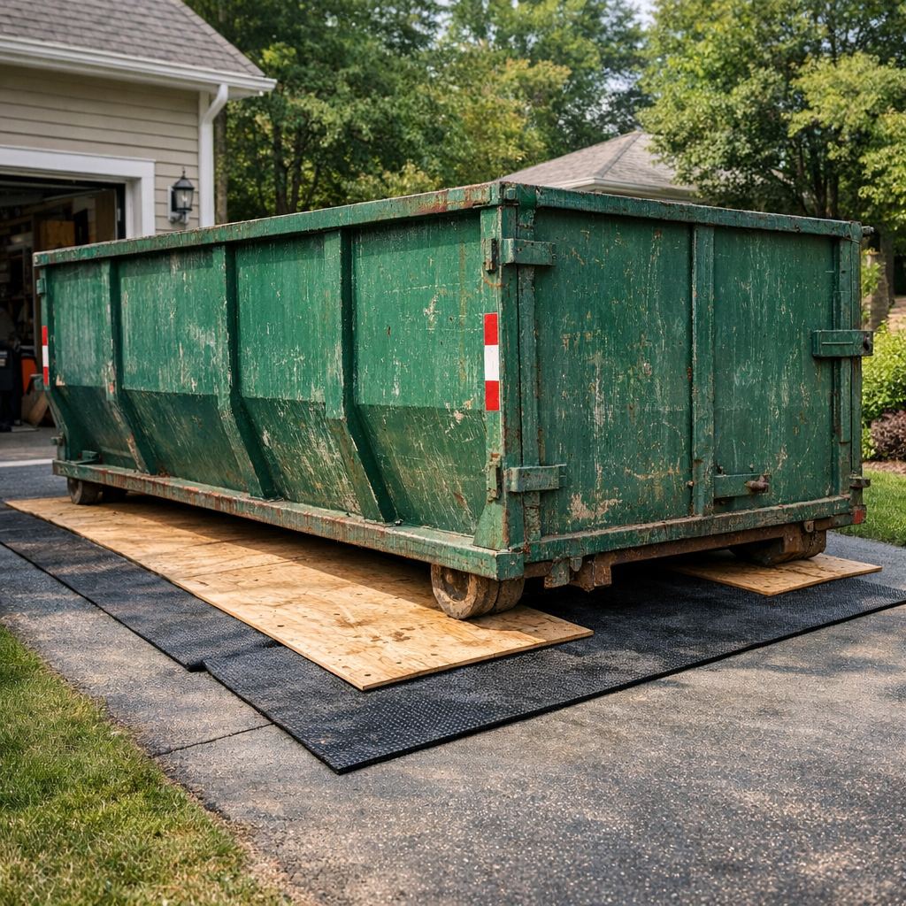 Professional illustration of Where Can a Dumpster Be Placed and How Do You Protect Your Driveway?
