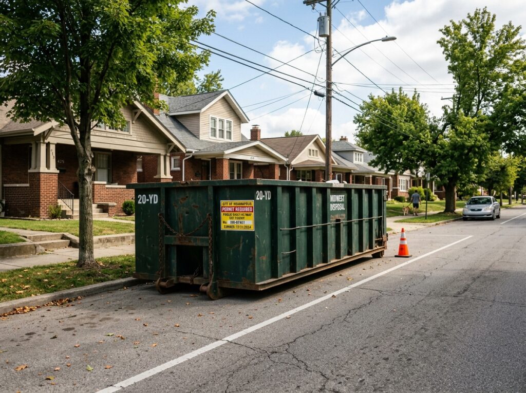 Roll-off dumpster on an Indianapolis residential street curb requiring a city right-of-way permit.