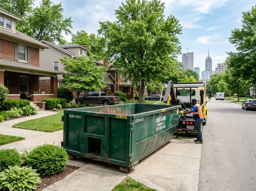 Roll-off dumpster rental on an Indianapolis residential driveway for waste disposal cost estimates.