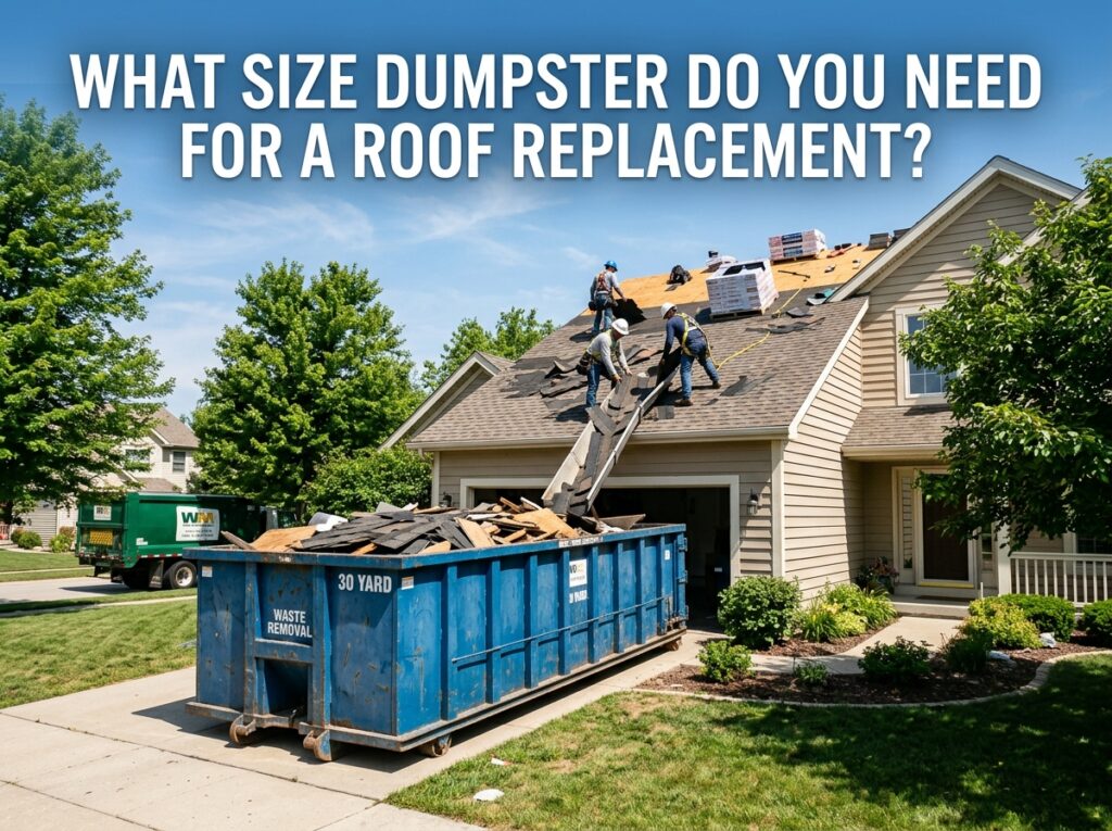 Large roll-off dumpster sized for roof replacement debris and asphalt shingle disposal in a residential driveway.
