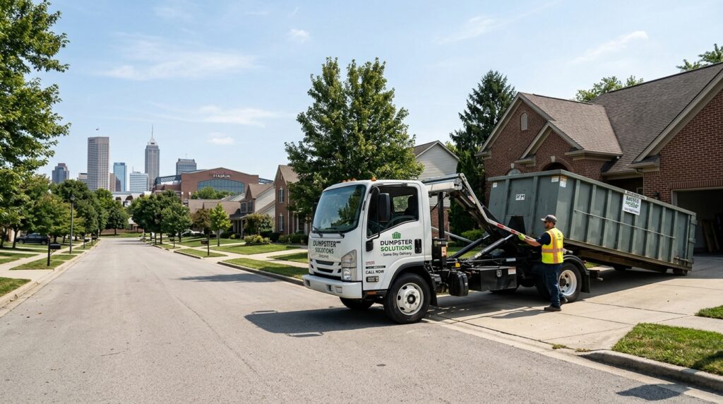 Fast roll-off dumpster rental delivery truck placing a waste container on an Indianapolis driveway.