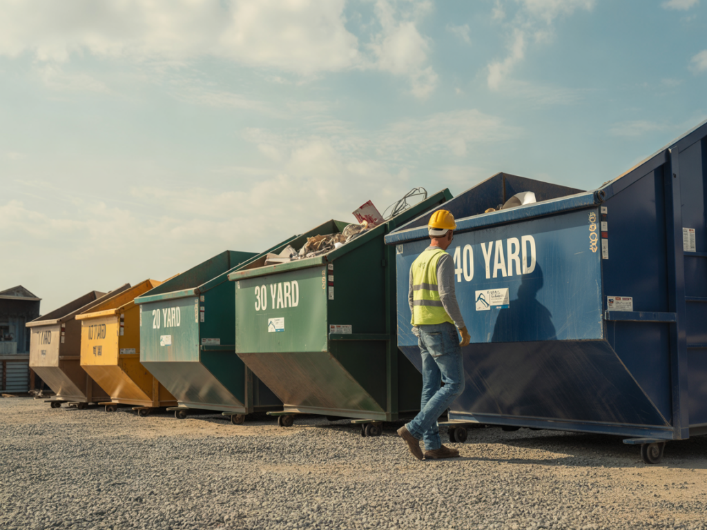 Step 1 guide comparing roll-off dumpster rental sizes from 10 to 40 yards for project waste disposal.